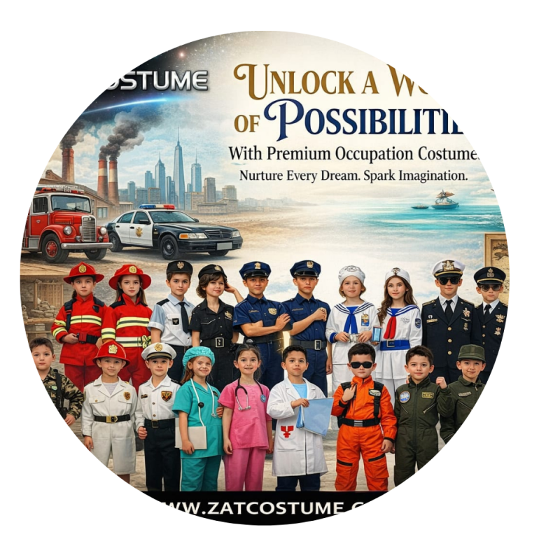 ZAT Costume banner featuring children in premium occupation costumes, including firefighters, doctors, and pilots, with the text "Unlock a World of Possibilities: Nurture Every Dream. Spark Imagination."