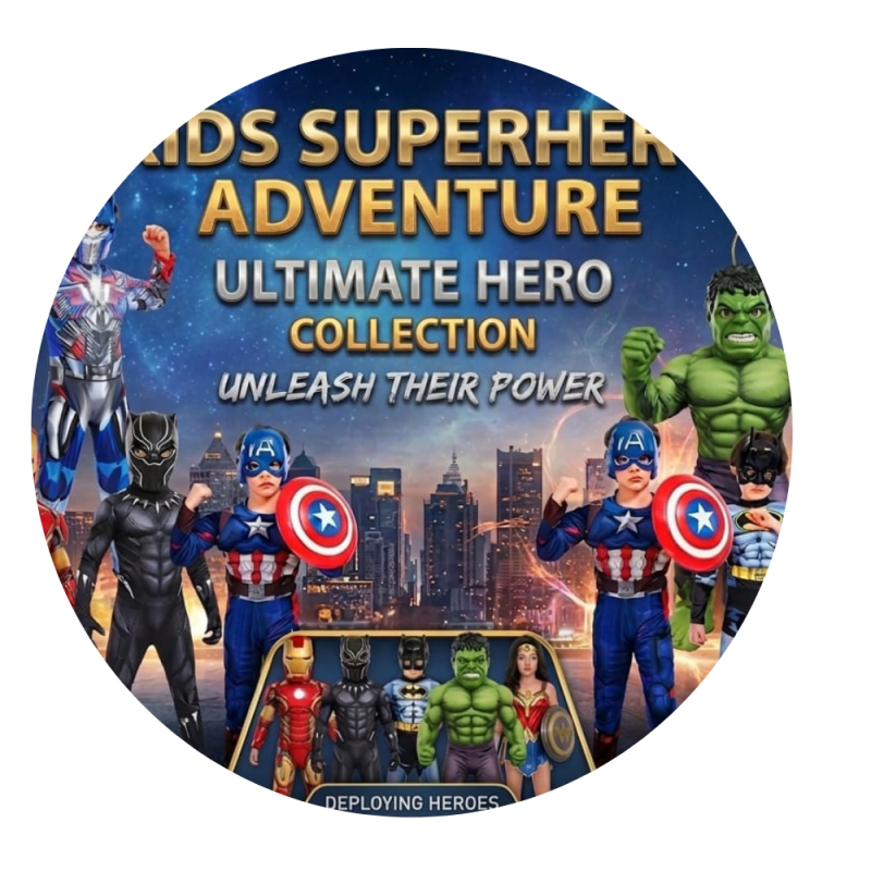 ZAT Costume's "Kids Superhero Adventure" banner featuring a dynamic lineup from the Ultimate Hero Collection, including popular characters like Spider-Man, Iron Man, Captain America, Wonder Woman, and Black Panther against a cityscape at dusk with the text "Unleash Their Power."