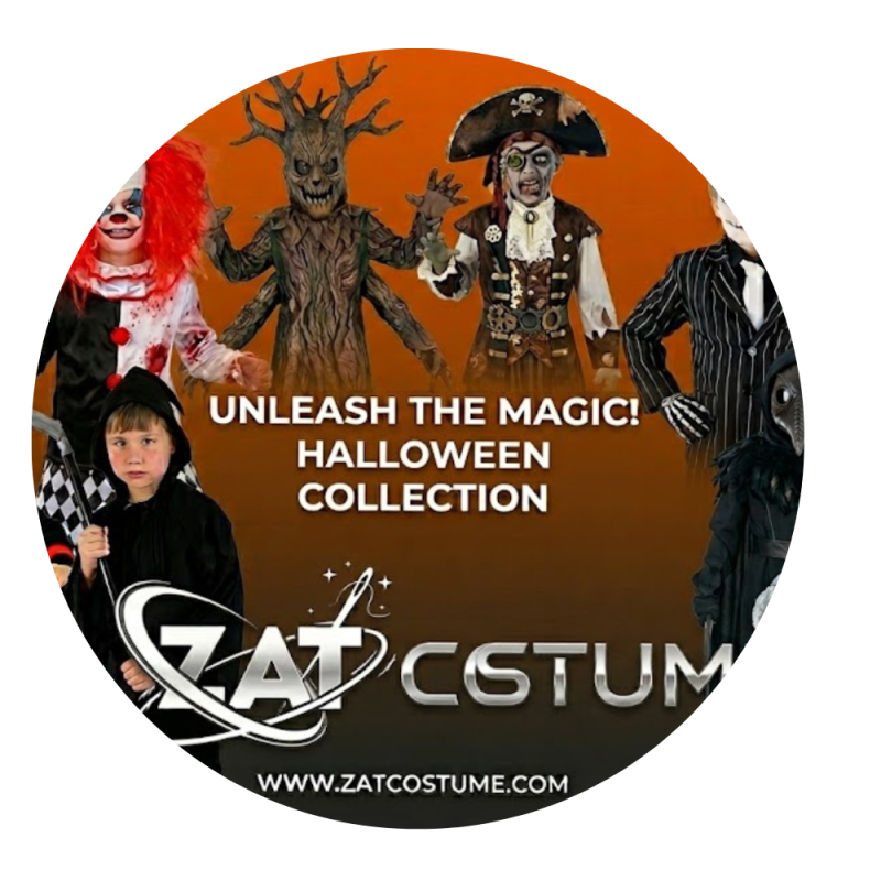 ZAT Costume "Unleash the Magic!" Halloween Collection banner featuring a wide variety of kids' costumes, including a witch with a cauldron, a scary clown, a ninja, a skeleton, and a mummy, set against a vibrant orange gradient background with the brand logo.
