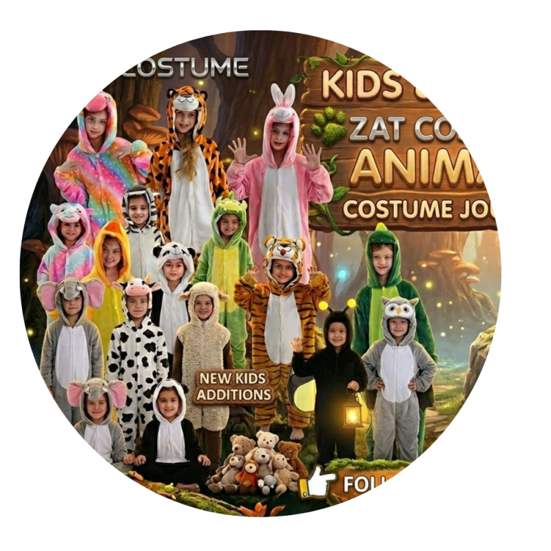 ZAT Costume collection featuring a wide selection of animal onesies and plush costumes for kids and adults, including tigers, pandas, and unicorns, highlighting new additions and versatile options for the whole family.
